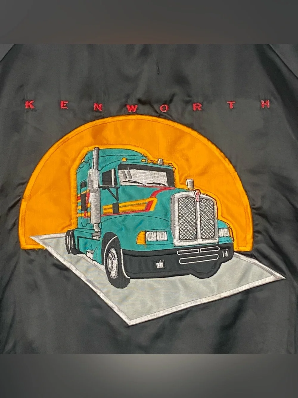 Vintage Kenworth Trucking Black Embroidery Satin Bomber Jacket Made In USA XL